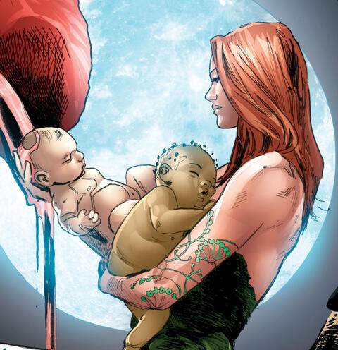 An image of Poison Ivy holding two newborn sporelings.