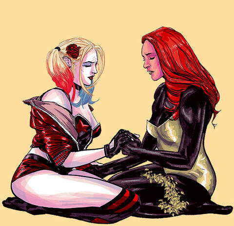 An image of Poison Ivy and Harley Quinn sitting together.