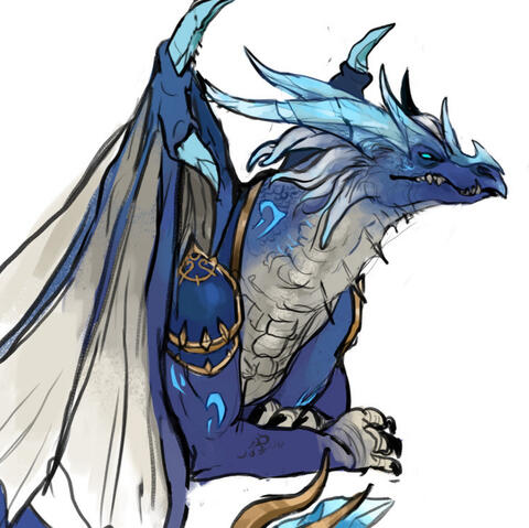 A drawing of Jaina as a blue dragon.