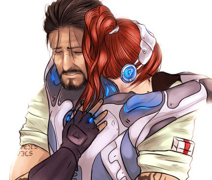 A drawing of Jim and Kerrigan from Starcraft hugging.