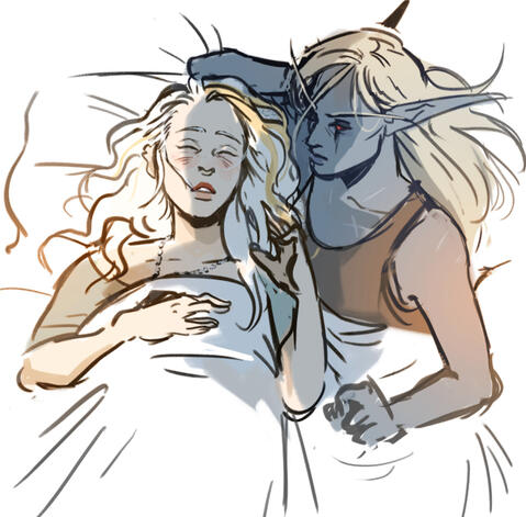 A drawing of Sylvanas & Jaina. Syl looks curiously down at Jaina