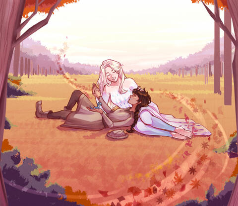 A drawing of Elsa and Honeymaren from Frozen 2.